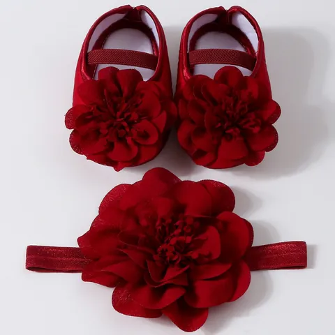 Baby Girls Princess Shoes Headband Set Lace Flower Soft Sole First Walkers Infant Toddler Party Shoes For 0-12 Months