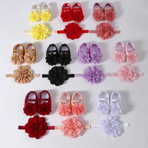 Baby Girls Princess Shoes Headband Set Lace Flower Soft Sole First Walkers Infant Toddler Party Shoes For 0-12 Months