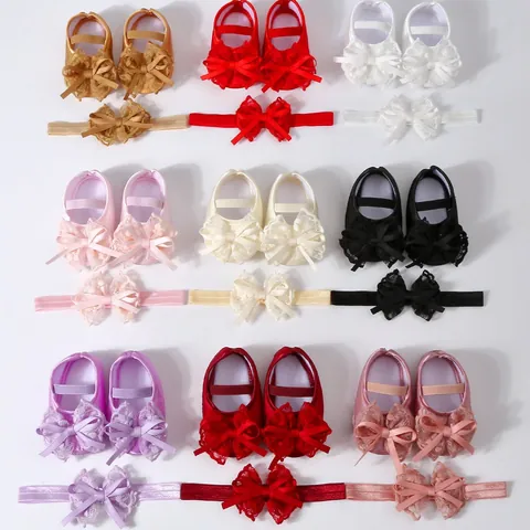 Newborn Baby Girls Lace Princess Shoes And Headband Set Soft Sole Anti-Slip Bowknot Canvas Prewalker Crib Shoes For Infants