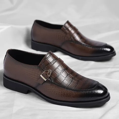Men Business Casual Leather Shoes Monk Strap Loafers Crocodile Texture Embossed Slip-on Dress Shoes Rubber Sole