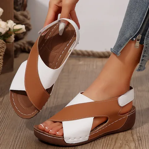 Women's Color Block Wedge Sandals Platform Roman Peep-toe Shoes With Hook And Loop Fastener Synthetic Leather Summer Beach Footwear