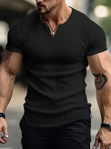 Men's Slim Fit Henley T-Shirt Ribbed Knit Short Sleeve Muscle Fit Casual Sporty Polyester Top For Men Everyday