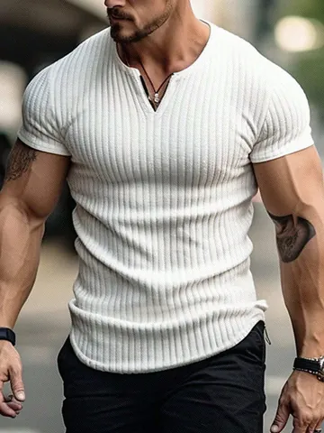 Men's Slim Fit Henley T-Shirt Ribbed Knit Short Sleeve Muscle Fit Casual Sporty Polyester Top For Men Everyday