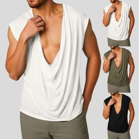 Men's Cowl Neck Sleeveless Vest Solid Color Broad Shoulder Cotton Sports Tank Top Cowl Drape Neck Training Undershirt