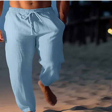 Men Linen Pants Summer Beach Bottom Casual Drawstring Elastic Waist Straight Leg Breathable Solid Color Lightweight Trouser