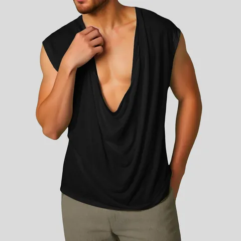 Men's Cowl Neck Sleeveless Vest Solid Color Broad Shoulder Cotton Sports Tank Top Cowl Drape Neck Training Undershirt