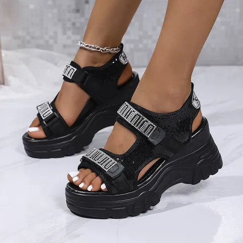 Sandales à Plateforme en Strass pour Femmes Chaussures de Plage Sportives Brillantes Style Romain Semelle Épaisse Mode Été