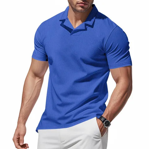 Polo en Tricot Gaufre pour Homme Été Manches Courtes Col en V Décontracté Haut de Mode Couleur Unie Respirant