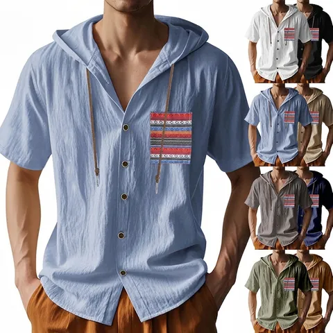 Men Summer Linen Hooded Short Sleeve Shirt Bohemian Contrast Pocket Loose Casual Button Down Top Breathable Lightweight Apparel