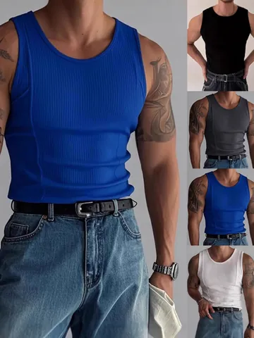 Men Slim Fit Ribbed Knit Tank Top Wide Shoulder Sleeveless Gym Vest Sporty Casual Summer Top