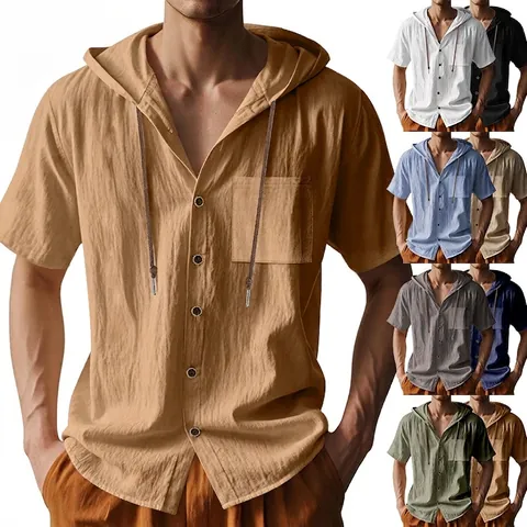 Camicia Casual da Uomo con Cappuccio e Maniche Corte con Coulisse Bottoni e Tasca Top da Spiaggia a Tinta Unita