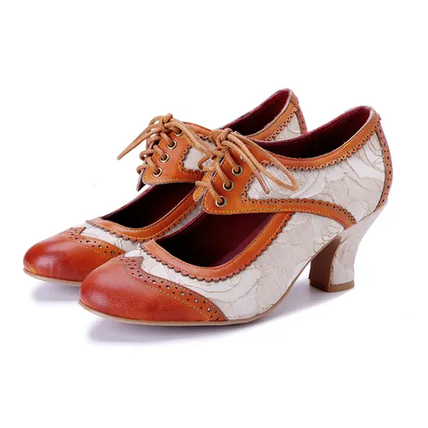 Handgemaakte Vintage Schapenvacht Patchwork Mary Jane Hoge Hakken Voor Vrouwen Vetersluiting Brogue Houtsnijwerk Blokhak Retro Pumps