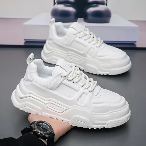 Scarpe da Skate da Uomo con Suola Spessa in Pelle di Vacchetta Secondo Strato Sneakers Casual Stringate Bianco Stile Coreano Alla Moda