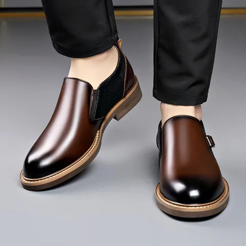 Zapatos de Cuero Casuales para Hombre Estilo Británico Mocasines Formales Sin Cordones Parte Superior de Cuero Dividido Decoración de Hebilla Suela de Goma