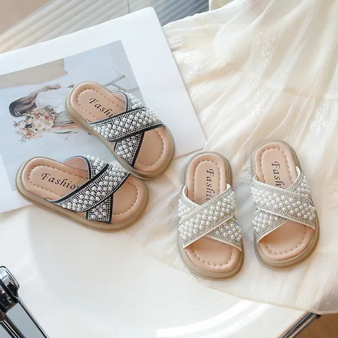 Chanclas de Verano para Niña con Perlas Artificiales y Diamantes de Imitación Sandalias Estilo Princesa Zapatos de Playa Cuero PU