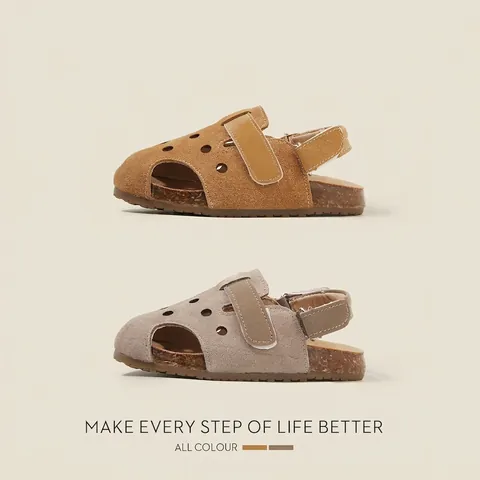 Toddler Kids Sandals Summer Girls Boys Closed Toe Walking Shoes Soft Sole Anti Collision Nubuck Leather Breathable Baby Shoes