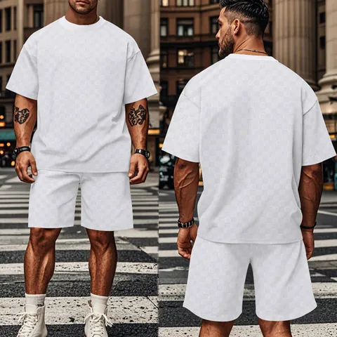 Heren Casual Jacquard Schaakbordpatroon Sportpak Korte Mouw Top And Bottom Comfortabel Ademend Zomer Loungewear Losse Pasvorm