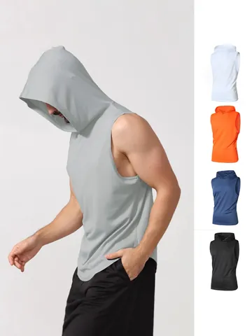 Men's Athletic Sleeveless Hoodie Sport Tank Top Polyester Solid Color Pullover Gym Vest For Fitness Training Summer
