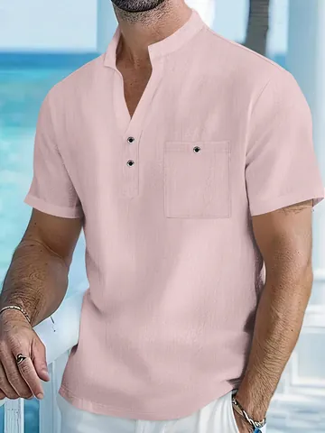Men Casual Cotton Linen Blend Short Sleeve Shirt Solid Color Stand Collar Henley Top With Pocket Summer Beach Wear