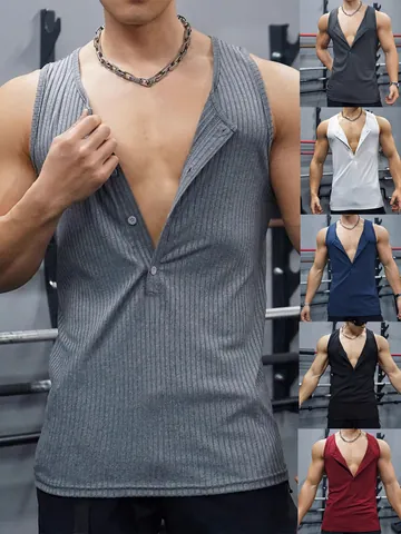 Men Slim Fit Rib-Knit Muscle Tank Top Vertical Striped Henley Neck Sleeveless Gym Vest For Summer Workout Sport Leisure