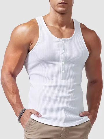 Men Slim Fit Rib-Knit Muscle Tank Top Vertical Striped Henley Neck Sleeveless Gym Vest For Summer Workout Sport Leisure