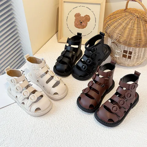 Sandalias Romanas para Niñas Pequeñas Estilo Coreano Protección de Dedos Cuero Microfibra Zapatos de Princesa Cierre Adhesivo Verano