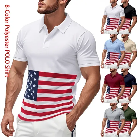 Men American Flag Print Polo Shirt Summer Thin Quick Dry Ice Silk Breathable Lapel Short Sleeve Casual Fashion Top
