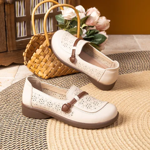 Women Comfort Faux Leather Hollow Out Shoes Breathable Soft Sole Mother Sandals Casual Flat Round Toe Summer Walking Slip On Shoes