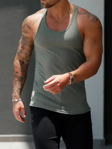Herren Rippstrick Fitness Tanktop Ärmellos Muskel Slim Fit Sportweste Sommer Workout Atmungsaktiv Polyester Elasthan Top