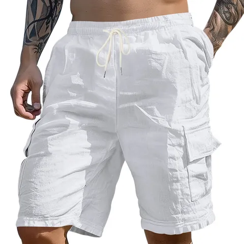 Men's Casual Linen Cargo Shorts Breathable Drawstring Waist Beach Shorts with Multi Pockets for Jogging Gym Summer Bottoms