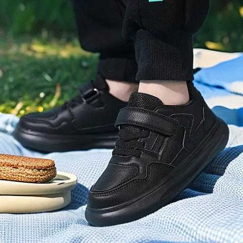 Kids Sneakers For Boys Faux Leather Thick Sole Fashion Casual Running Shoes Hook And Loop Athletic Footwear For School Outdoor