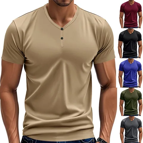 Polyester Spandex Men's Henley T-Shirt American Retro Slim Fit Quick Dry Breathable Elastic Athletic Casual Short Sleeve Top