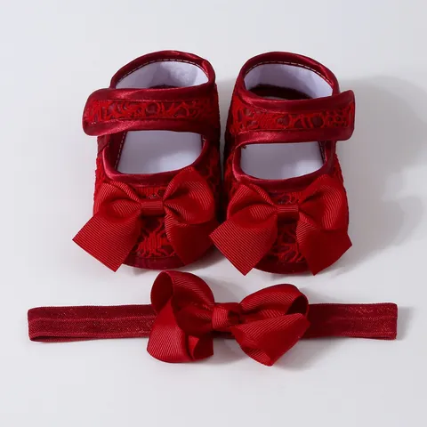 Baby Girls Soft Sole Pre-walker Shoes Lace Bow Princess Shoes With Matching Headband Newborn Infant First Walker Shoes Set