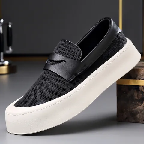 Men Casual Shoes Breathable Mesh Fabric Hollow Out Thick Sole Height Increasing Slip On Loafers Fashionable Summer Sneakers