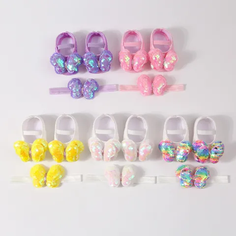 Baby Girl Princess Lace Bowknot First Walkers Infant Canvas Sequin Soft Sole Anti-Slip Crib Shoes With Headband Set