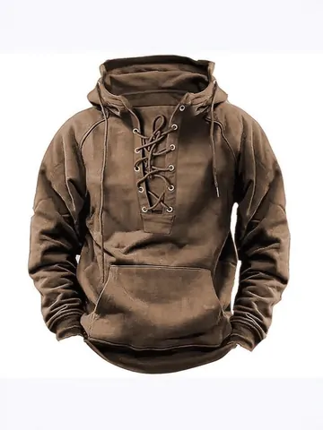 Herren Fleece Kapuzenpullover Schnürung Kragen Kängurutasche Einfarbig Workwear Stil Lockere Hoodie Casual Fashion Top