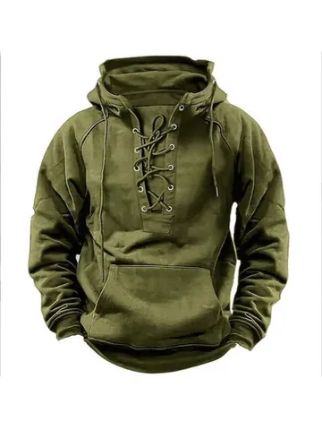 Herren Fleece Kapuzenpullover Schnürung Kragen Kängurutasche Einfarbig Workwear Stil Lockere Hoodie Casual Fashion Top