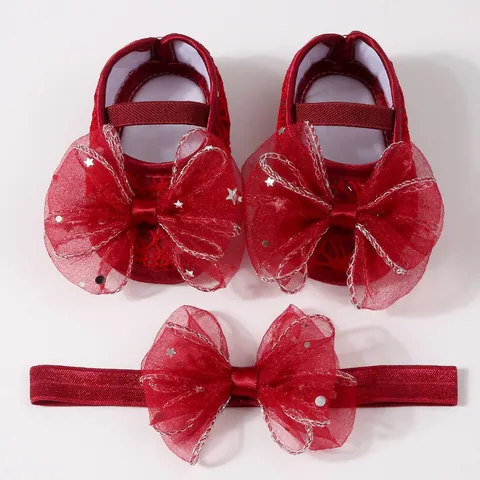 Süße Prinzessin Baby Lauflernschuhe Mit Passendem Stirnband Spitze Schleife Pailletten Weiche Sohle Rutschfest Hundert Tage Geburtstag Neugeborene Kleinkind Schuhe
