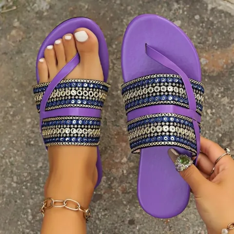 Bohemian Ethnic Women Flat Sandals Sequin Embroidery PVC Upper Rubber Sole Summer Beach Slides Open Toe Flip Flops Casual Sandals