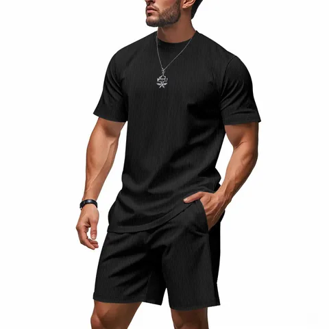 Men American Summer Casual Ribbed Set Loose Round Neck Short Sleeve Top And Bottom Breathable Cool Sporty Loungewear Outfit