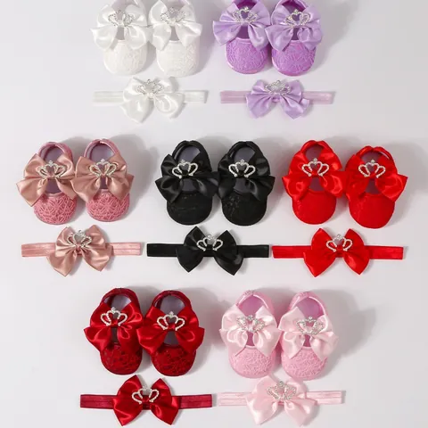 Lace Infant Princess Shoes Set With Satin Bow Crown Rhinestone Soft Sole Non-Slip Baby Dress Shoes And Headband Set For 0-1 Year Old Party
