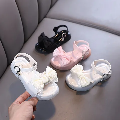 Girls Princess Sandals Summer Kids Elegant Lace Bow Rhinestone Patent Artificial Leather Dress Shoes For Wedding Party Dance