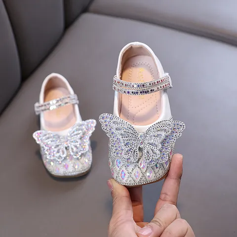 Girls Princess Rhinestone Bow Mary Jane Shoes Glitter Butterfly Formal Dress Shoes For Wedding Party Dance Performance