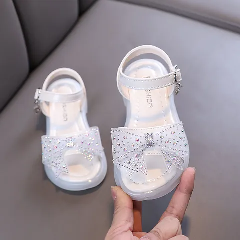 Girls Princess Sandals Synthetic Leather Sparkly Rhinestone Mesh Bow Summer Dance Party Dress Shoes For Little Kids