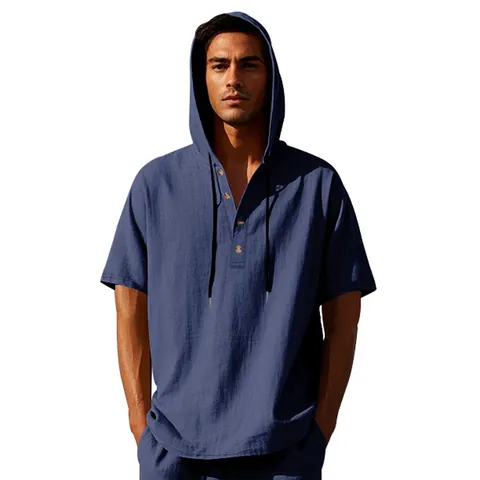 Men Summer Casual Linen Hooded Henley Shirt Loose Short Sleeve Beach Top Solid Color Breathable Woven Henley Shirt For Men