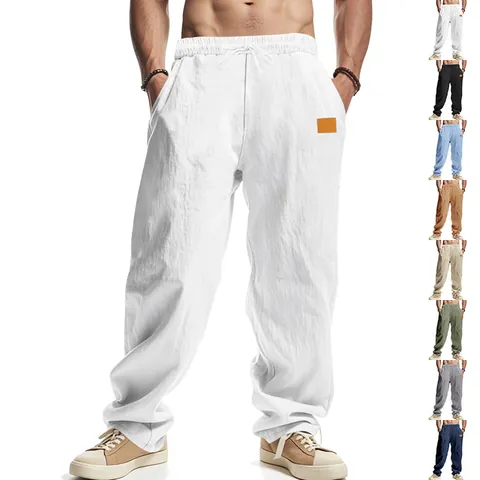 Men Linen Blend Casual Pants Solid Color Breathable Loose Beach Trousers With Drawstring Comfortable Summer Straight Leg Bottoms