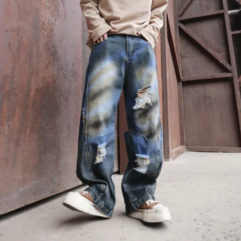 Men's Baggy Washed Blue Jeans With Ripped Details Distressed Vintage Streetwear Modal Bottom For Daily Wear