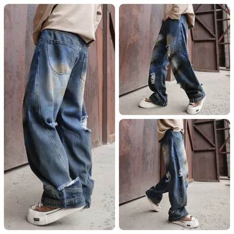 Men's Baggy Washed Blue Jeans With Ripped Details Distressed Vintage Streetwear Modal Bottom For Daily Wear