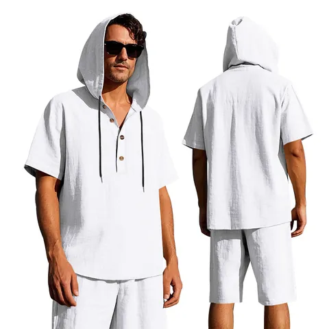 Herren Sommer Leinen Kapuzen Kurzarm Hemd Und Shorts Set Casual Strand Outfit Top And Bottom Locker Atmungsaktiv Urlaubskleidung
