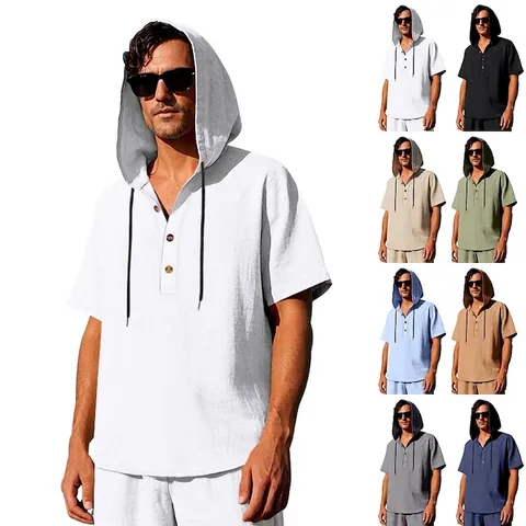 Men Summer Casual Linen Hooded Henley Shirt Loose Short Sleeve Beach Top Solid Color Breathable Woven Henley Shirt For Men